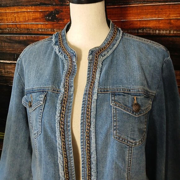 Chico's Jean Jacket 2 Large Chauncey Chain Fringe Open Front Cropped 3/4 Sleeves - Picture 2 of 11